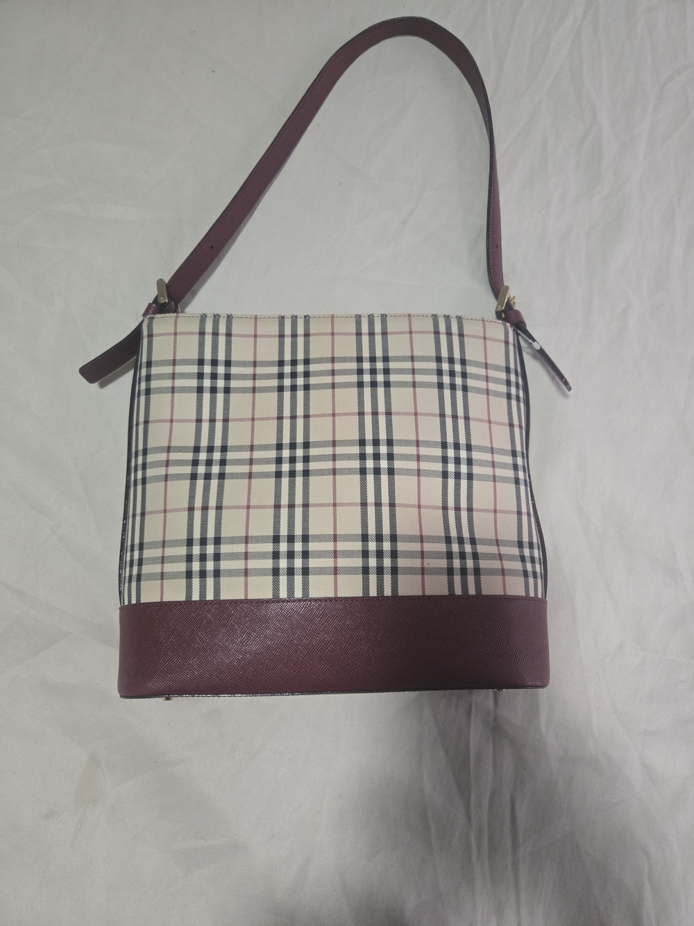 Plaid Shoulder Bag with Burgundy Trim and Single Strap